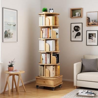 ZWYO HOSIMU "68""H 6-Tier Rotating Bookshelf, 360° Round Spinning Bookshelf with Wheels and Drawer, Space-Saving Storage for Living Room"