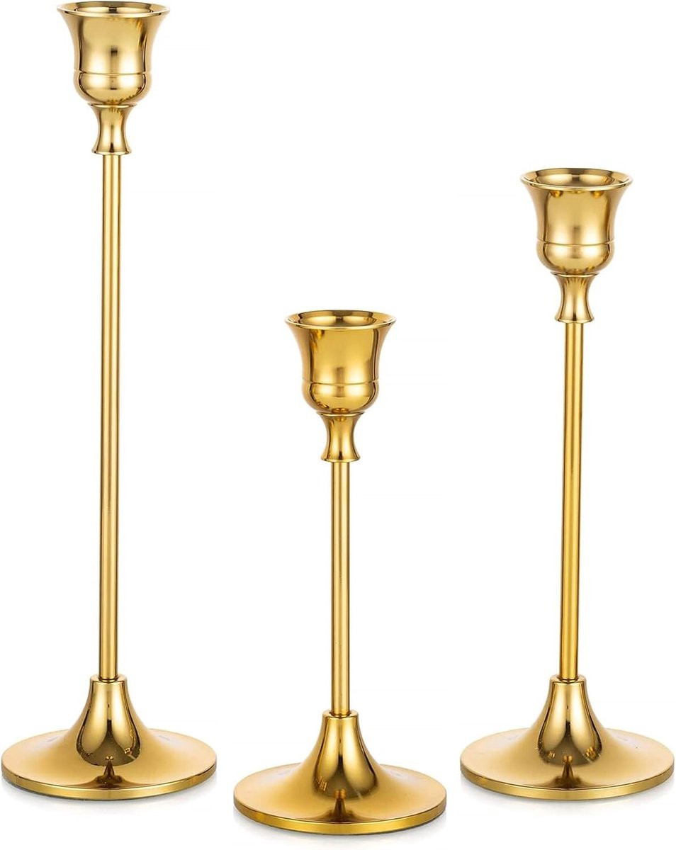 Decoratieve Kaarsenhouder Set van 3 - Gouden Metalen Kandelaars voor Taper Kaarsen