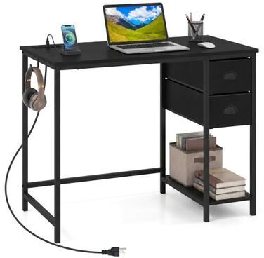 Costway Computer Desk with Charging Station and 2 Fabric Drawers for Small Spaces-Black