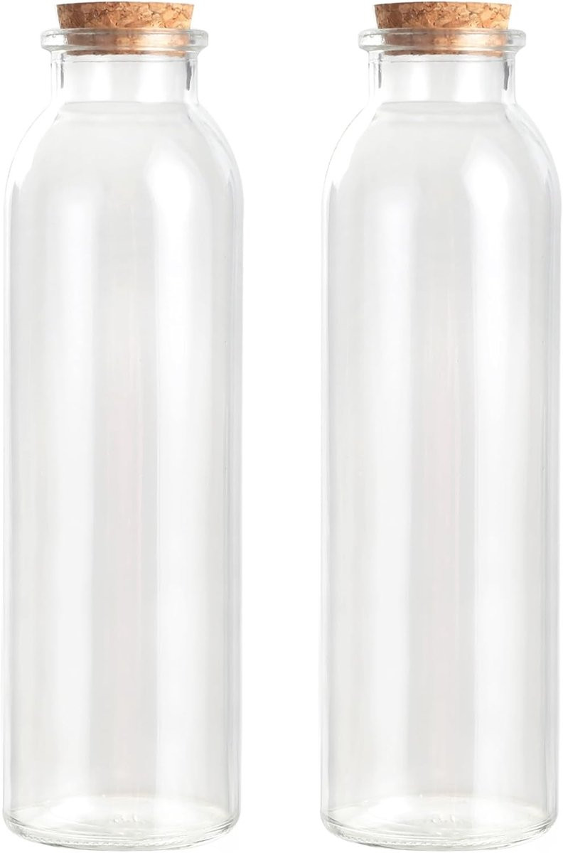 Set van 2 Magic Season decoratieve ronde glazen flessen met kurken stopper, 350 ml per stuk, vintage stijl