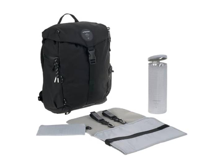 LÄSSIG Baby Wickelrucksack mit Wickelunterlage, Kinderwagenbefestigung, Flaschenwärmer wasserabweisend/Outdoor Backpack Black, Schwarz