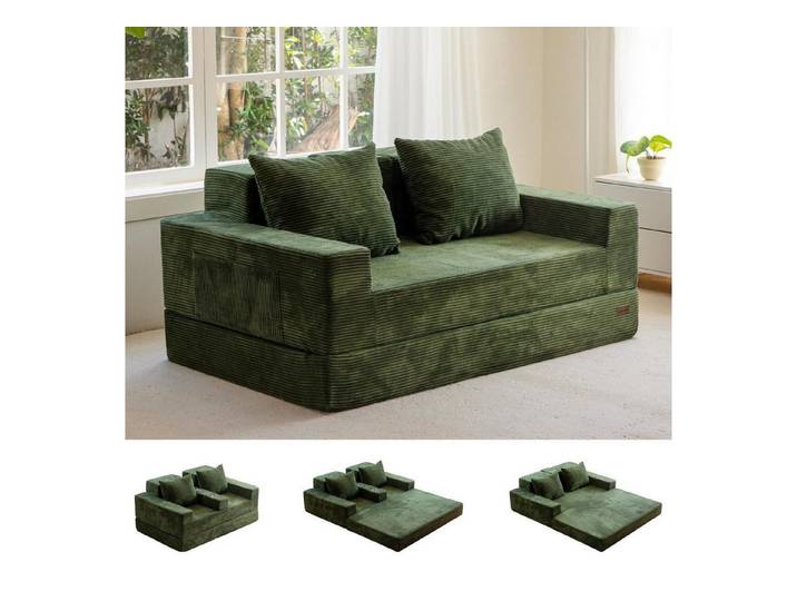 LuxusKollektion Schlafsofa Schlafsofa Cord Klappsofa Getränkehalter Dunkelgrün Loveseat