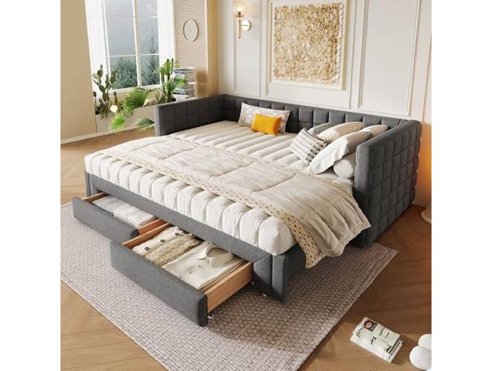 YuQozii Daybett, Tagesbett, 90 x 200cm, Sofabett mit quadratischer Rückenlehne, ausziehbares Bett (ausziehbar auf 180 Queensize), 2 Schubladen, ohne Matratze (Grau)