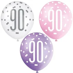6 Luftballons rosa & silber Zahl 90