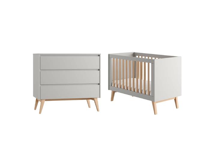Lit évolutif 60x120 et commode 3 tiroirs Pinio Swing Gris et bois