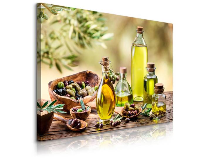 Muralo Leinwandbild Für Küche Esszimmer Olivenöl Oliven Gewürze Natur 3D 100x70, Grün, Schwarz, Weiß, Beige, Braun, Orange, Essen/Getränk, Baum/Pflanze/Natur, Rechteckig, 100x70 cm, Bilder & Rahmen, Bilder, Leinwandbilder