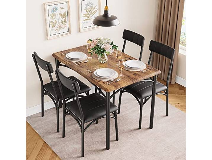 IDEALHOUSE Esstisch-Set 5-TLG Mit 4 Polsterstühlen MDF-Tischplatte & Stahlgestell Platzsparend für Küche & Esszimmer, Vintage-Braun