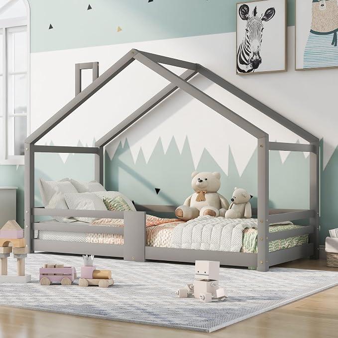 Kinderbett 90x200cm mit Schornstein, Hausbett mit Absturzsicherung, robuster Lattenrost, Kiefernholz-Hausbett für Kinder, weiß