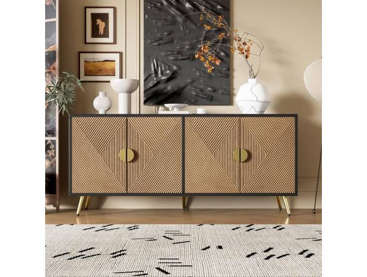 Buffet 160x40x75 cm quatre portes poignées dorées brossées pieds brillants Noir et imitation bois