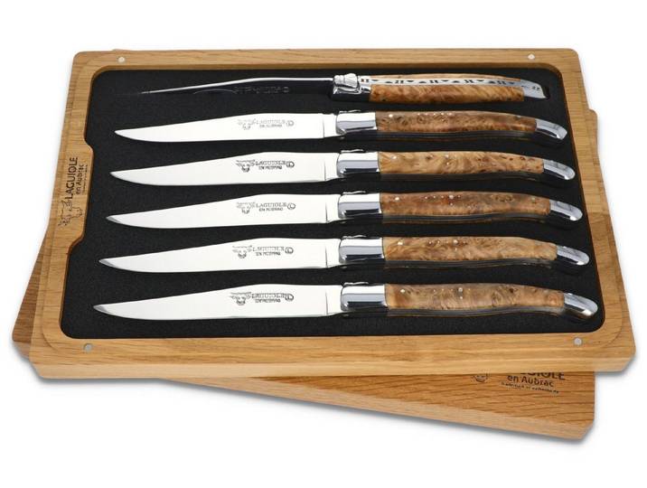 Laguiole en Aubrac Steakmesser 62C99TYIH BRI 6er Set - Griff Linde - Backen glänzend - Klinge glänzend - Holzbox