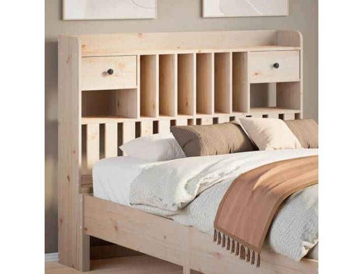 Kopfteil freistehend mit Einlegeböden und Schubladen, Kiefer massiv, 6 Fächer und 2 Schubkästen, für Bett 135 cm