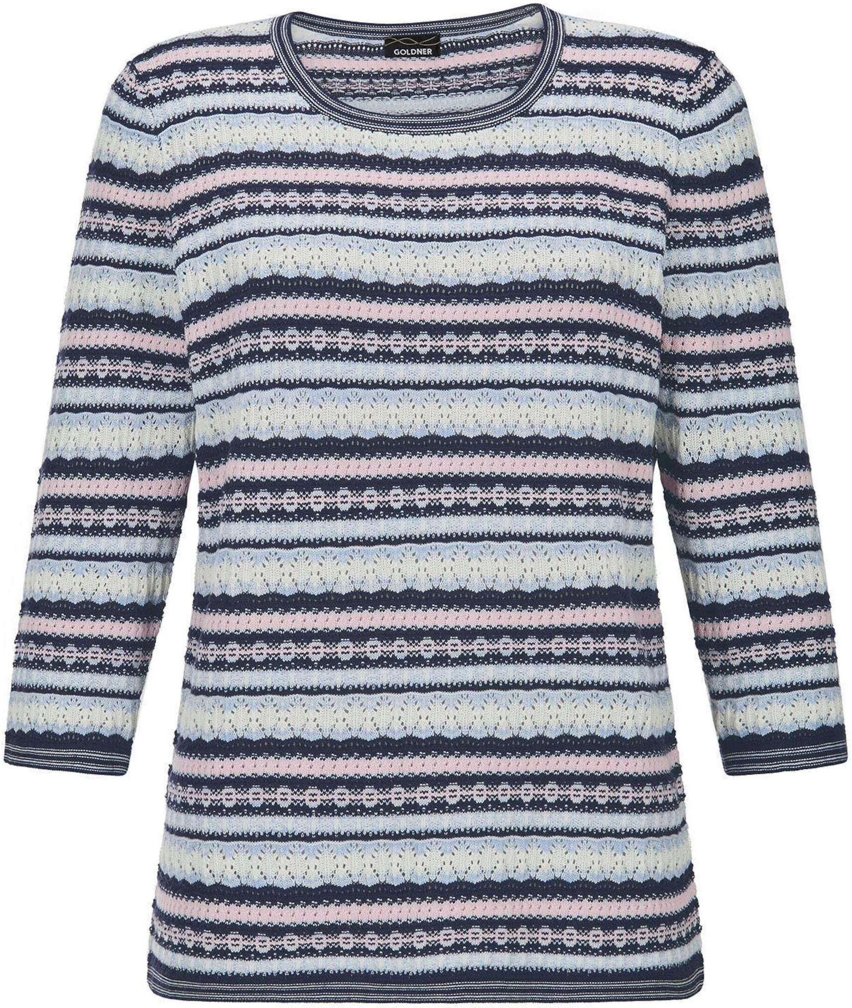 Rundhalspullover GOLDNER "Kurzgröße Strickpullover im Ringel-Look", Damen, Gr. 23, blau (marine, gemustert), Obermaterial: 50% Baumwolle CO. 50% Polyacryl PAN., gerade, Pullover Rundhalspullover, aufwendigig gestrickter vielfarbiger Strick