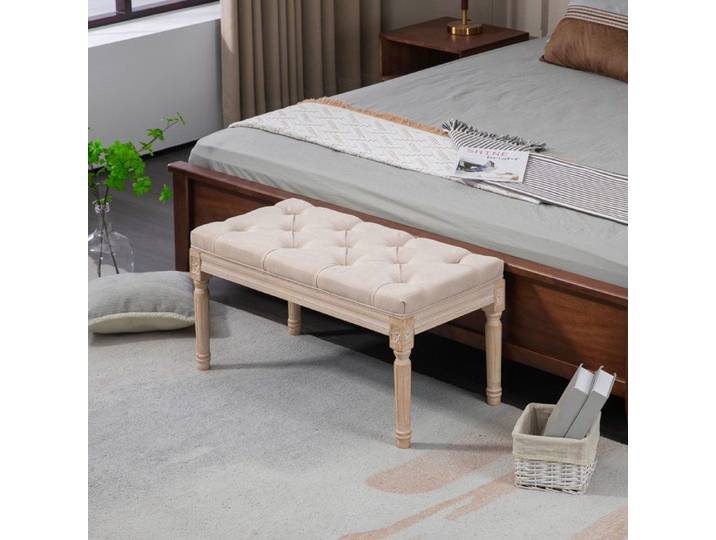 Banc vintage blanc crème avec capitonnage à boutons pieds tournés style shabby chic