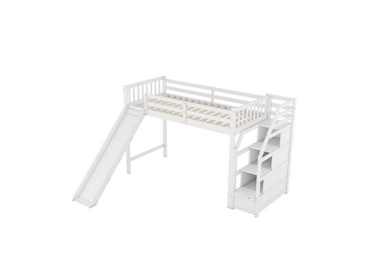 EXTSUD Hochbett 90x200 cm – Kinderbett mit Rutsche, Ablageleiter, weiß