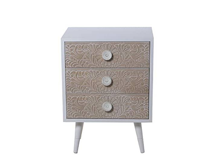 DRW Nachttisch mit 3 Schubladen Relief in Natur 48 x 35 x 66 cm, Weiß und Holz, 48x35x66cm
