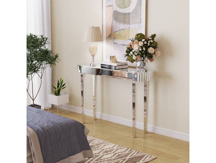 Table console d'entrée en miroir argenté ultra longue, table de vanité, meubles de maison polyvalents, présentoir de hall de chambre à coucher