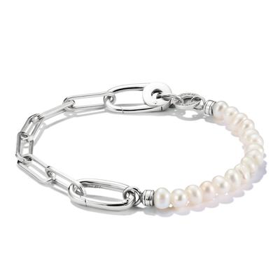 Charm-Armband THOMAS SABO "Charm Club Connect: Perlen und Paperclip mit einem Connect Link" Gr. 19, bunt (silberfarben, weiß), Armbänder, Damen, 19, Perlen Silber 925 (recycelt), Perlen, Silber 925 (recycelt), Charm-Armband, mit Süßwasserzuchtperle