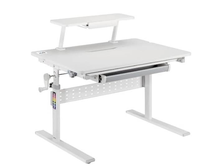 Ergo Office ER-483 Ergonomischer Kinderschreibtisch mit Höhenverstellung und Neigungsverstellung bis zu 40 Grad, Zusätzliche Ablage mit Buchhalterung, Kinder-Schultisch bis 40kg Schublade Taschenhaken