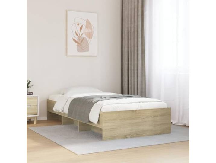 RJPLMFV Bettgestell, Sonoma-Eiche, 100 x 200 cm, ohne Matratze Nachhaltiges Ingenieurholz, Lattenrost, offene Ablagefächer für Schlafzimmer