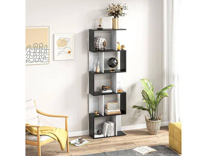 Bibliothèque design en S 5 étagères - 60L x 24P x 185H cm Noir+Blanc