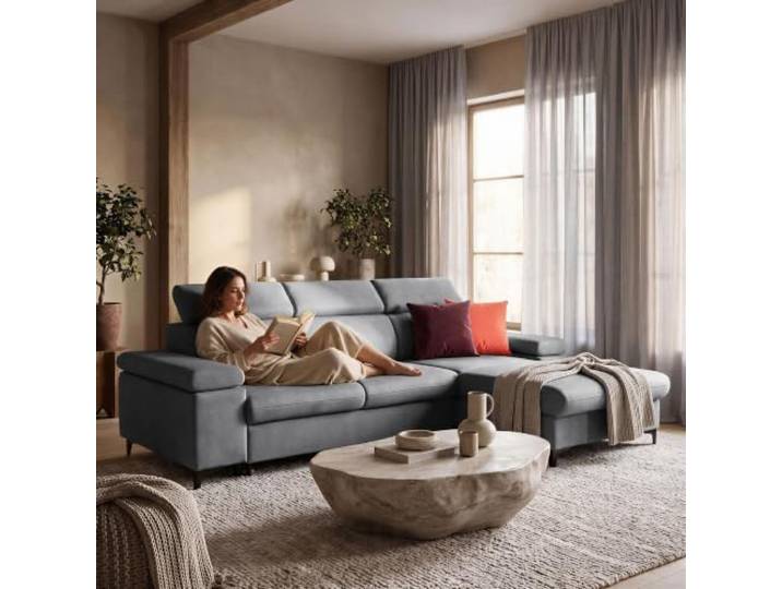 Muffo Ecksofa mit Schlaffunktion und Bettkasten Rechts Dunkelgrau freistehendes Sofa verstellbare Armlehnen Schlafsofa MAVIC L Stauraum Ecksofa verstellbare Kopfstützen