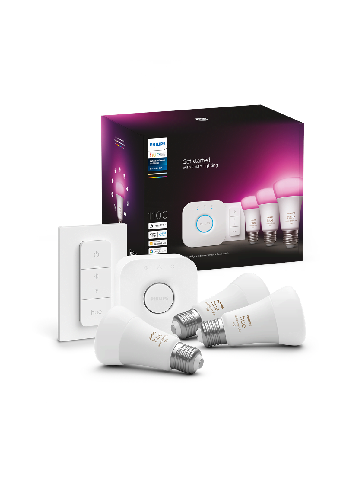 Philips Hue White & Color Ambiance Starter Kit - 3x E27 A60 Bulbs + Dimmer Switch + Hue Bridge