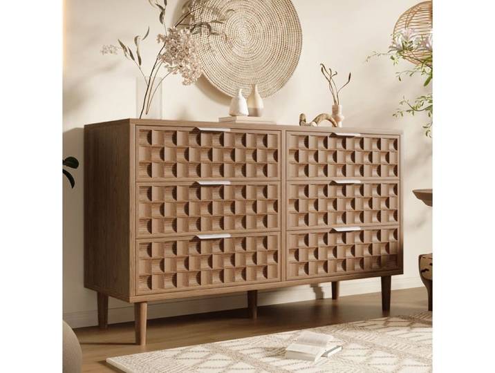 Buffet Bas 6 Tiroirs avec Poignées Métalliques Aspect Chêne Design Mid-Century pour Salon Chambre Entrée - UVRION