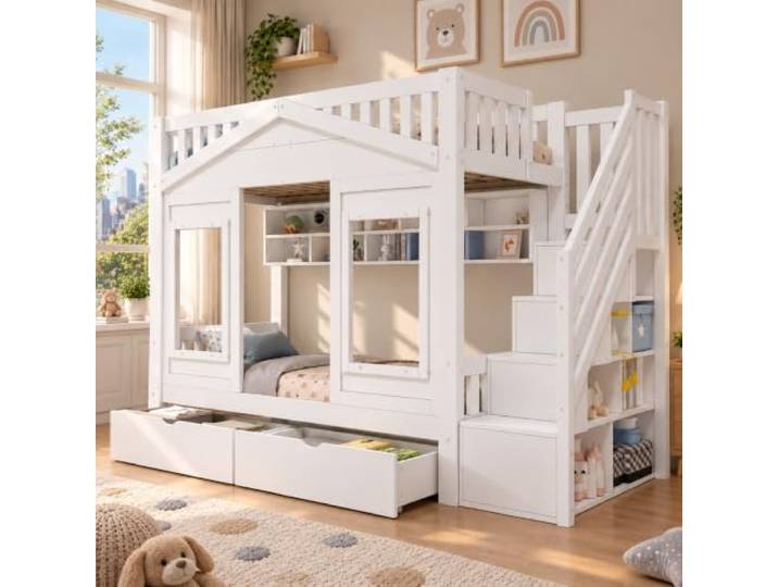 YAIXBNG Etagenbett, Hochbett, Kinderbett 90x200cm mit Rausfallschutz und Stauraumtreppe, Jugendbett, mit Fenster, Massivholz, weiß