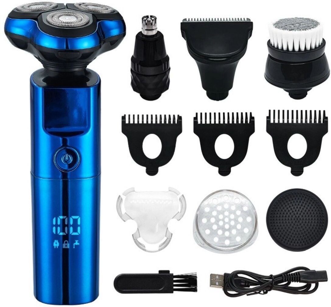 INF Kit Rasoir Électrique Homme 5-en-1 - Entièrement Lavable, Poignée Antidérapante, Rechargeable, Kit de Voyage Compact Bleu