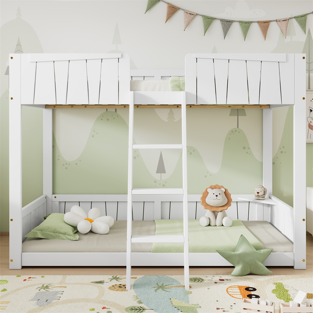 Etagenbett, Kinderbett, mit dreistufiger Leiter, Stabile Lattenroste, Offenes Regal, Design des Sicherheitszauns, Kinderbett mit Holzlatten