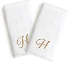 Copper Grove Belgrad 2-piece White Turkish Cotton Hand Towels with Gold Script Monogrammed Initial