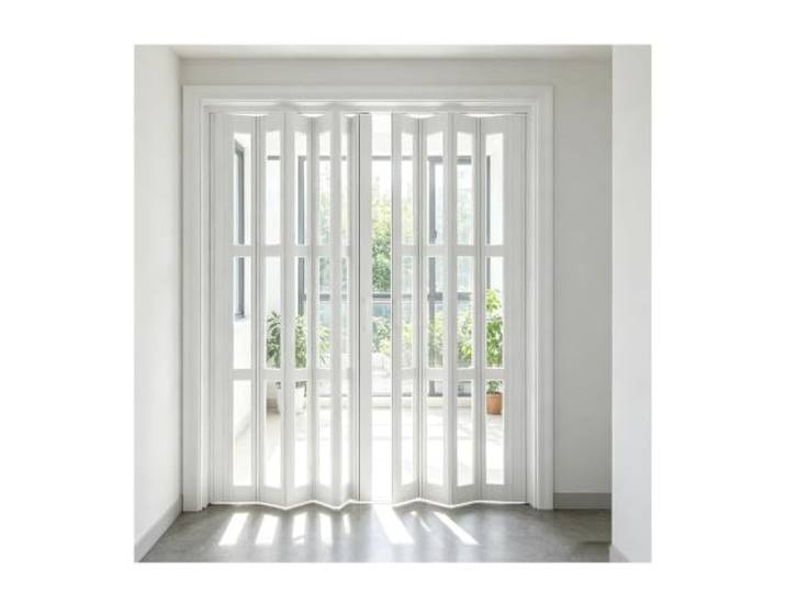 Maßgefertigte Aluminium-Faltschiebetür für die Terrasse mit Klarglas Raumteiler-Tür für den Wohnbereich mit satiniertem Acrylglas – platzsparende Falttür für Küche oder Badezimmer