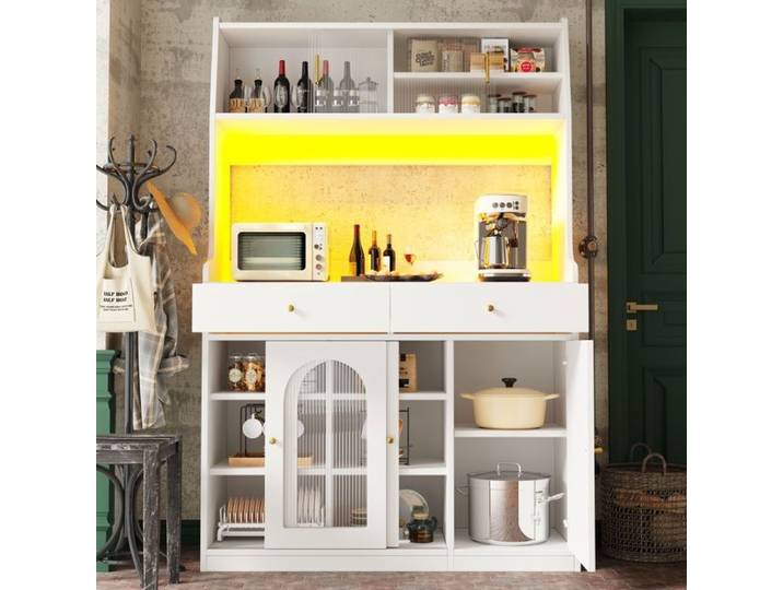 Buffet Haut Cuisine avec 2 tiroirs et 3 portes Buffet de Cuisine avec LED Armoire de Rangement 120x40x180cm Blanc