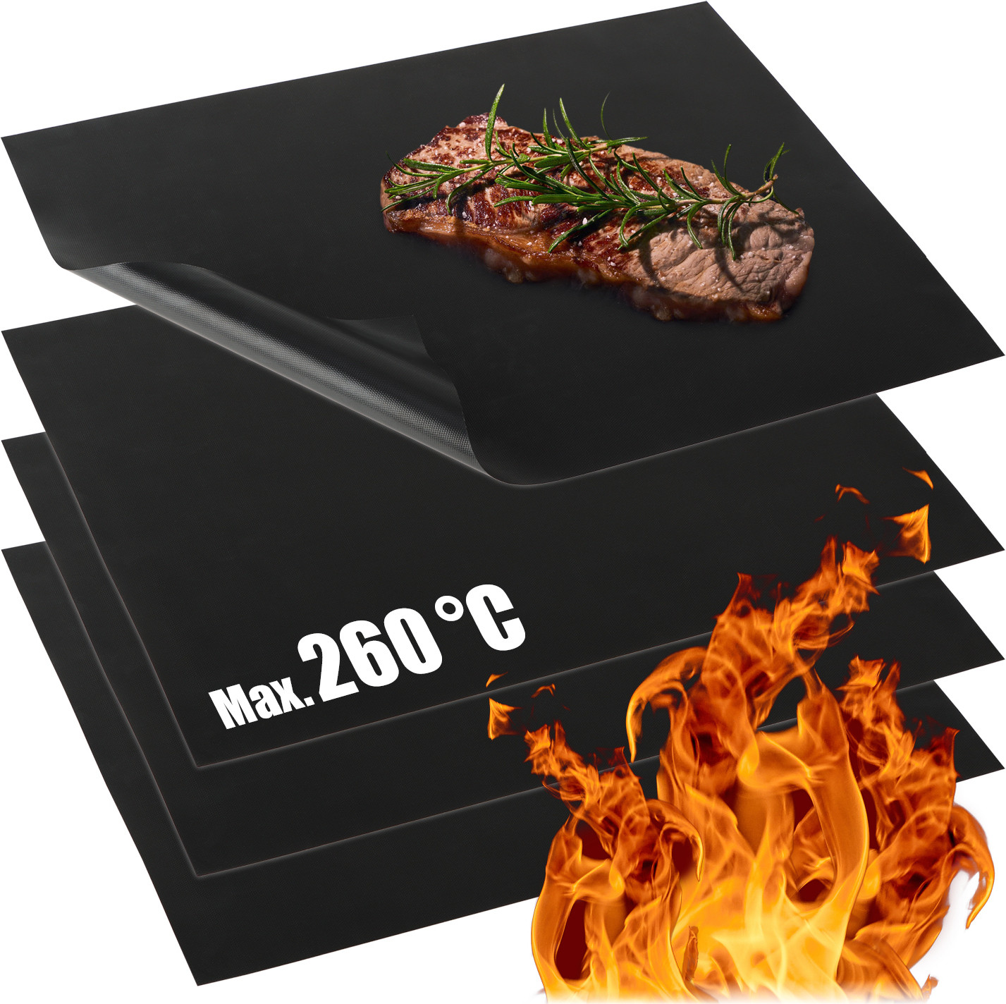 COM-Four 4 stuks BBQ-grillmatten van Teflon, hittebestendige en herbruikbare antiaanbak grillmatten, vaatwasmachinebestendig