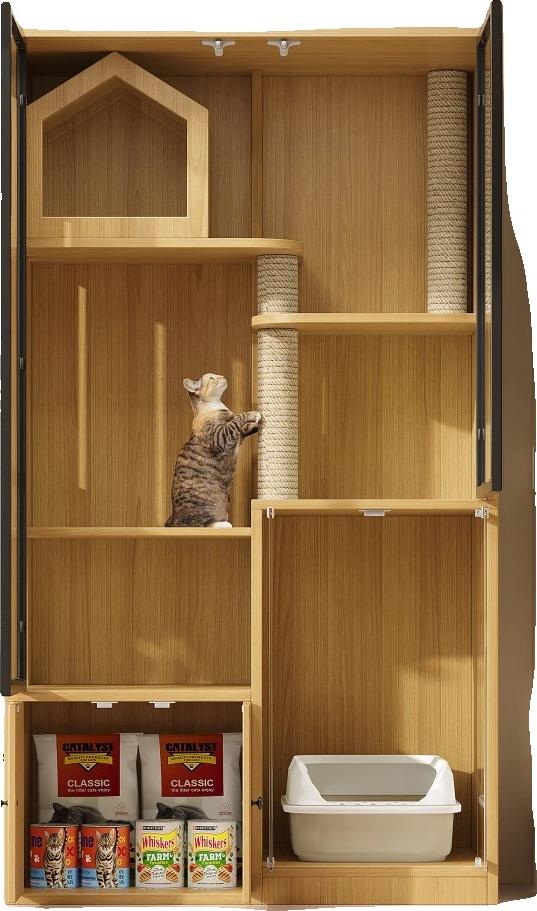 Katzenkabinett mit abnehmbarer Sandplatte, Geruchsisolierung, einfache Wartung, Ahorn+MDF+Glas