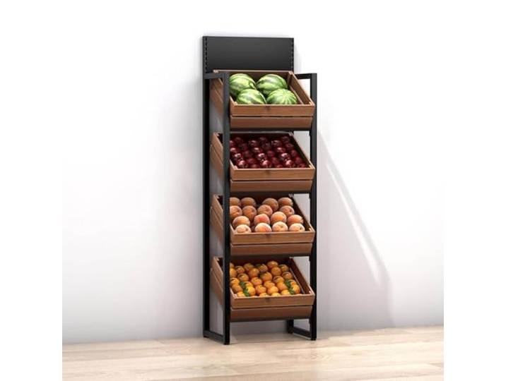 Supermarkt Obst & Gemüse Regal 4 Ebene, große Kapazität Einzelhandel Snack Rack Anzeige mit Holzkörben, Küche Zwiebel Kartoffelproduzieren Halter Stand,4 Tier-Black rack+brown box