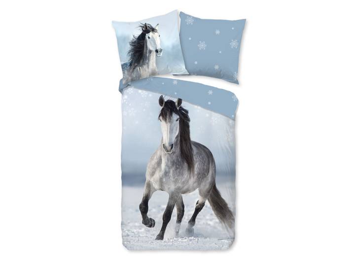 Good Morning Kinderdekbedovertrek paard in de sneeuw - Grijs - (135x200 cm) - Katoen Flanel