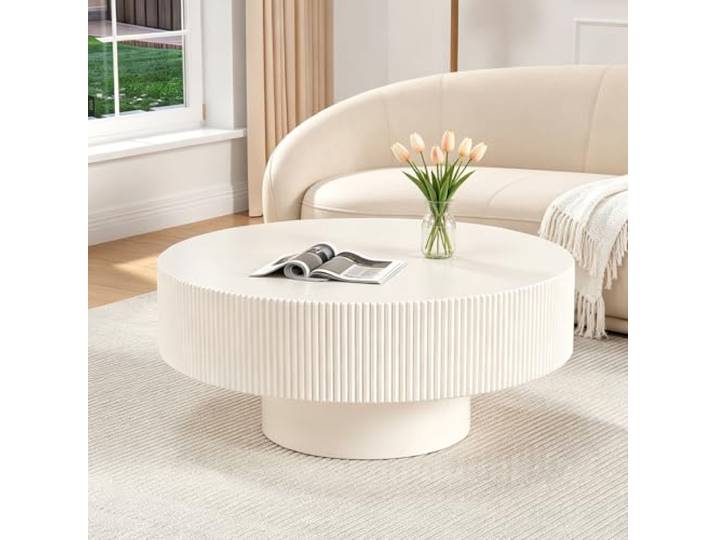 DAXUESEH Runder Trommel-Couchtisch, weißer geriffelter Couchtisch, Moderne, einzigartige Couchtische, Sockel-Beistelltisch für die Wohnung