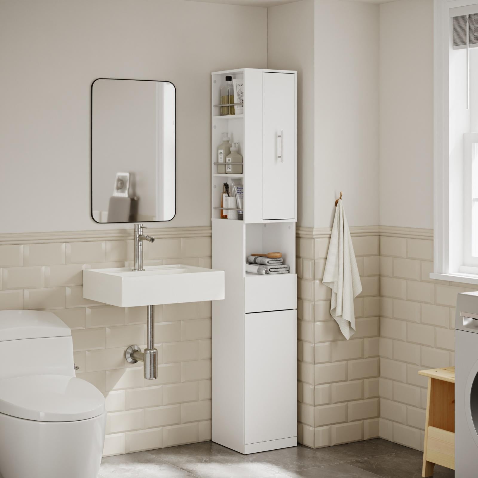 SoBuy Smalle Hoge Badkamerkast Wit Modern met Deur, Lade en Planken BZR242-W, Hoogte: 180 cm