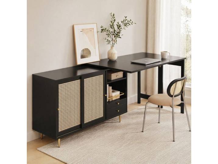 Buffet de cuisine extensible UM - pivotant 360 degres - portes en rotin - noir