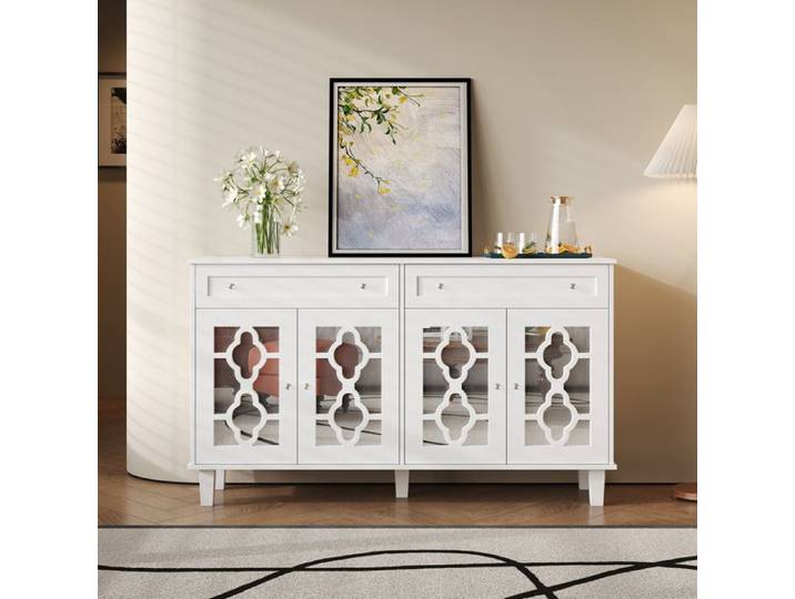 ROVRYN Buffet bas 140 cm blanc 4 portes miroir 2 tiroirs étagères réglables MDF