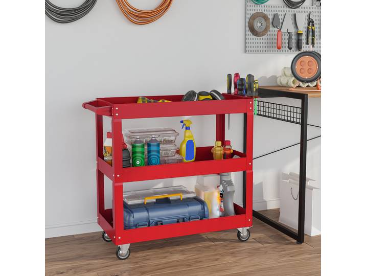 DURHAND Chariot à Outils 3 Niveaux Acier Rouge sur Roues