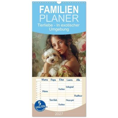 Familienplaner 2027 - Tierliebe - In exotischer Umgebung mit 5 Spalten (Wandkalender, 21 x 45 cm) CALVENDO