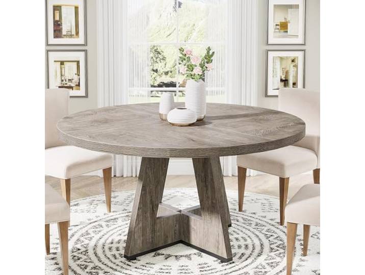 Tribesigns Runder Esstisch, Holz, Küchentisch für Esszimmer, 119,4 cm, Esszimmertische für 10,2 - 15,2 cm, Bauernhaus-Akzent-Möbel mit Holztischplatte und Kreuzsockel, rustikales Grau