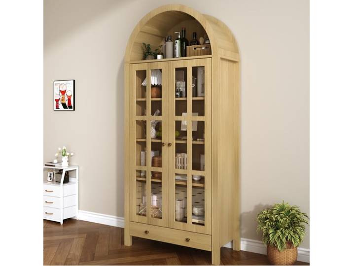 SENVIRO Vitrine haute arquée 75 x 35 x 170 5 cm MDF portes acrylique tiroir naturel