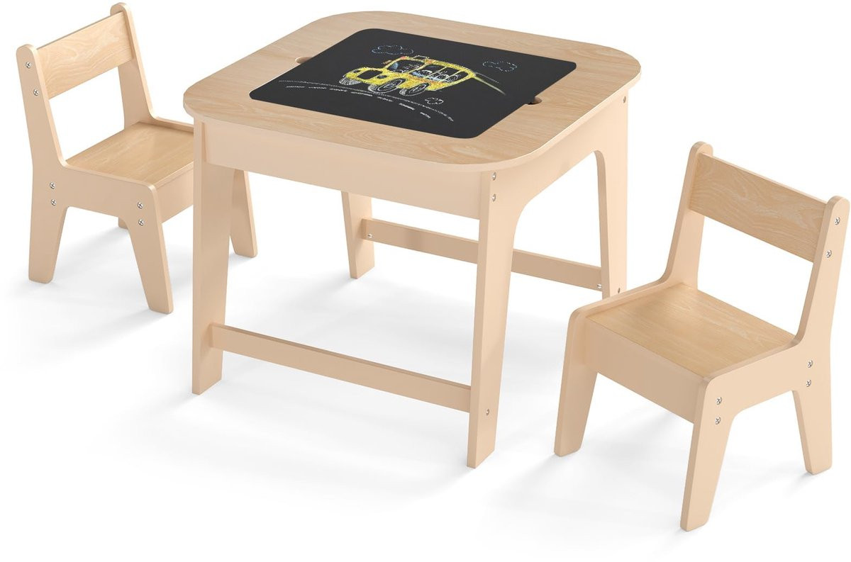 COSTWAY Kindertafel met 2 Stoelen 3-Delige Houten Kinderzitgroep met Dubbelzijdig Tafelblad 3-In-1 Tekentafel en Knutseltafel Naturel