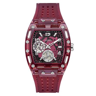 Multifunktionsuhr GUESS "PHOENIX", rot (rot, beere), Armbanduhren, Herren, Quarzuhr, Armbanduhr, Herrenuhr, Silikonarmband, analog, Wochentag