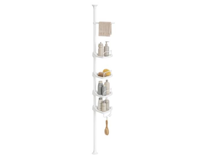 JOYFURNOS Badkamer opbergrek, verstelbaar 4-laags hoekrek voor de douche, organiser voor de badkamer, wit