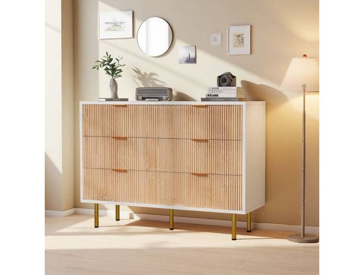 Buffet moderne Buffet bas en bois Meuble buffet de salon Commode avec 6 tiroirs Armoire de Cuisine Salon Chambre Blanc+Bois