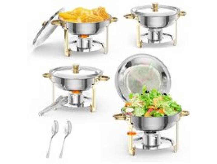 Lot de 4 Réchaud à Buffet Or Ensemble de Chauffe Inox avec Couvercles Porte-Couvercle Cuillères & Pinces Plats Buffet Traiteur